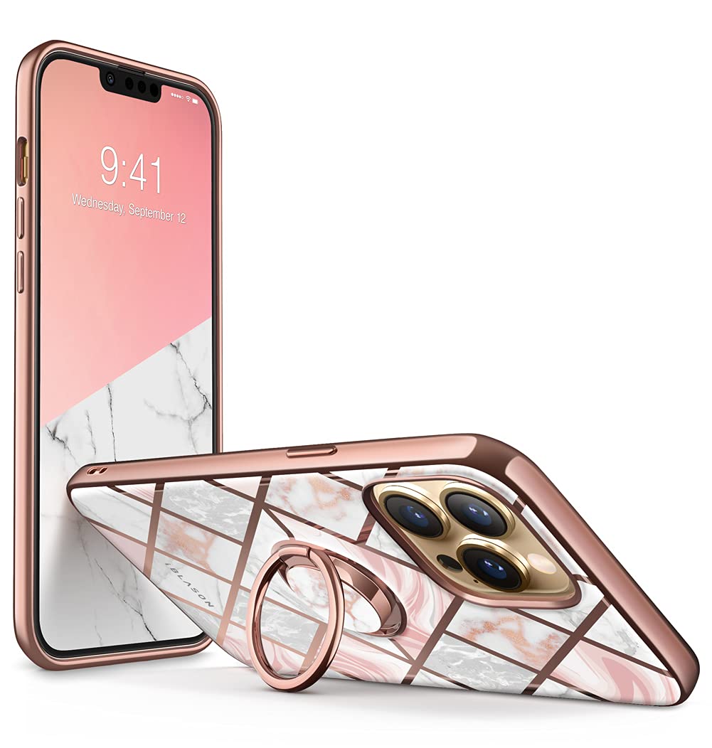 i-Blason Cosmo Snap Case for iPhone 13 Pro (6.1 Inches) Slim Mobile Phone Case Shockproof Case Thin Protective Case with Built-in Ring Holder Supports Car Holder (Marble)