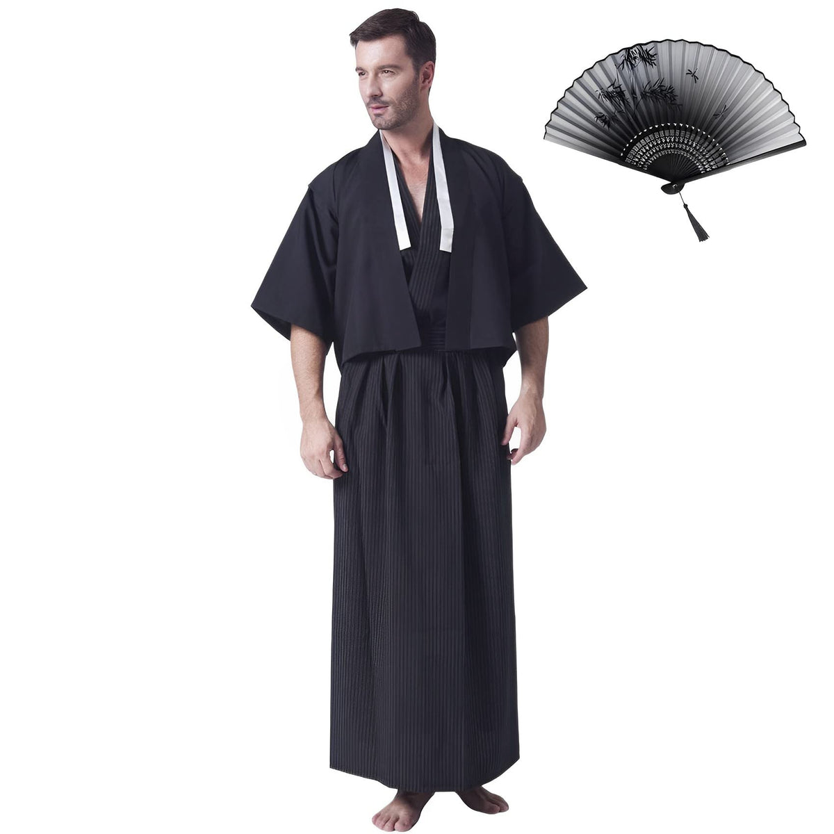 KRUIHAN Japanese Kimono Men Yukata Kimono Robe Japanese Traditional Samurai Uniform Cosplay Costume Japanese Style Clothing Haori Jacket Top Hakama Skirt Set,One Size,Black