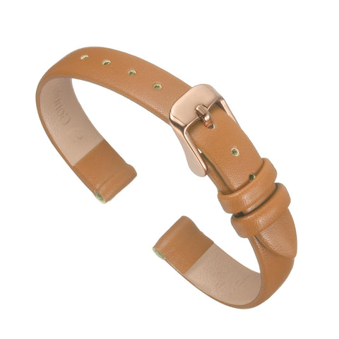 sourcing map Brown Genuine Leather Band 18mm Width, Flat Thin Elegant Leather Watch Strap Rose Gold Buckle for Men and Women
