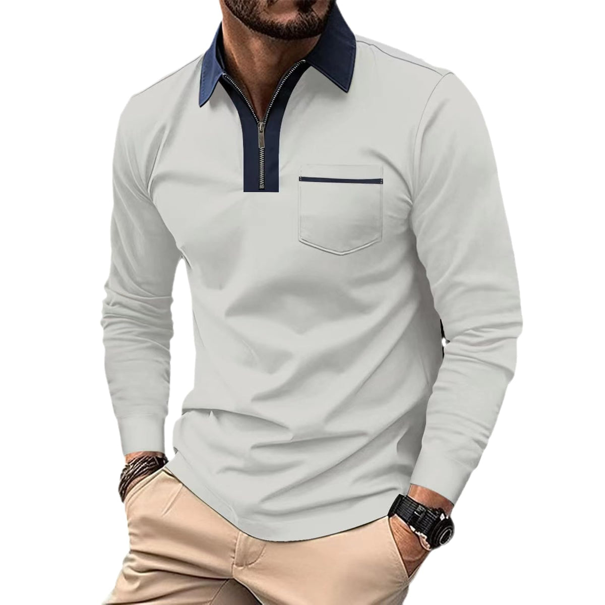 NAKEAH Men's Fashion Polo Shirt Autumn Colorblock Pocket Decoration Long Sleeve Polo T Shirt Gray L