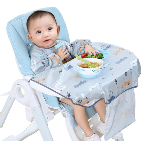 Weaning Bib Long Sleeve, Baby Bib Attaches to Babies Highchair, Comfortable/waterproof Catches Food for 6 Month to 3 Years Old One Size Fits All TPU Material with Storage Bag (Grey)