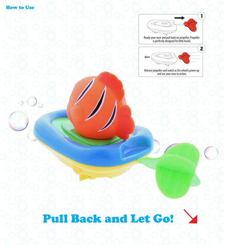 Dollibu Boat Racer Buddy, Fun Educational Bath Toy Finger Puppet Pull and Go Water Racing Sea Life Pal for Shower Pool Bathtub Swim Hard Surfaces - Baby Toddler and Boy - 6 Inch - 3 in 1 Game - Fish