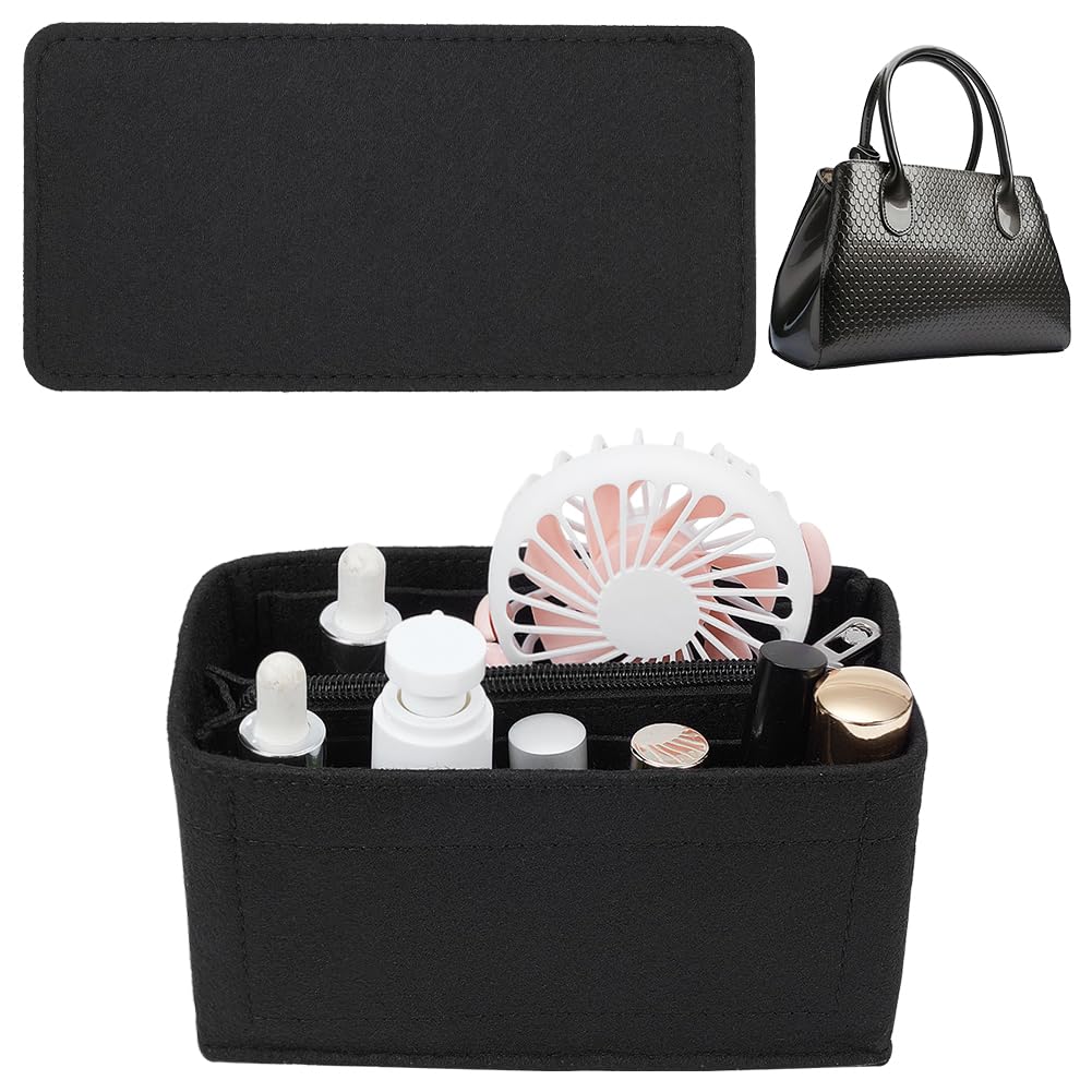 WADORN 3pcs Felt Tote Bag Insert Organizer, Felt Handbag Organizer Multiple Compartments Toiletry Bag Insert Interior Shaper Detachable Rectangle Bag In Bag with Rectangle Bottom Shaper, Black