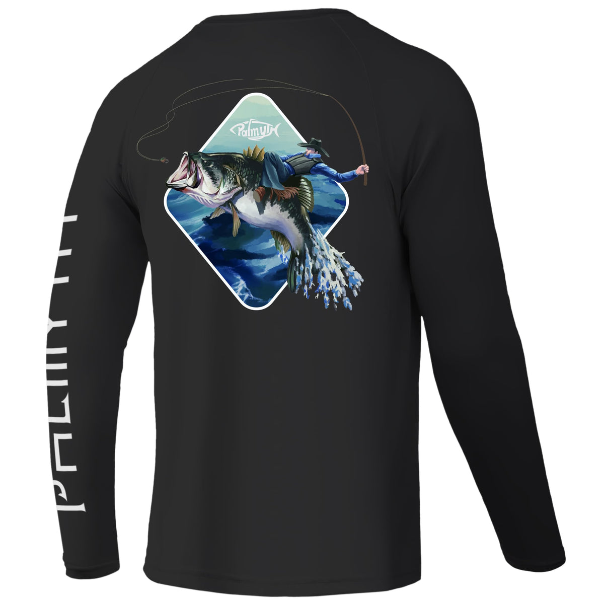 Palmyth Fishing Shirts for Men Long Sleeve UPF 50+ T Shirt Sun Protection Tee, Black / Cowboy Rides Bass, Large