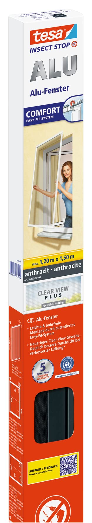 tesa® Insect Stop ALU COMFORT Fly Screen for Windows - Insect Screen With Aluminium Frame - Fly Net Without Drilling - White, 120 cm x 150 cm