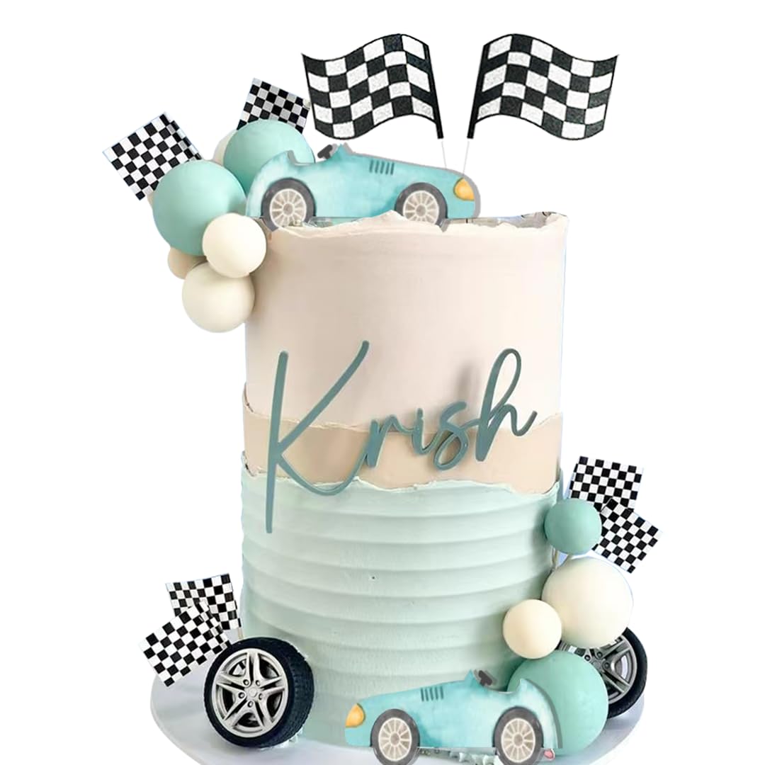Vintage Race Car Cake Topper for Racing Car Checkered Flag Birthday