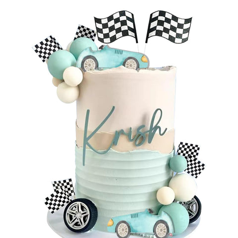 Vintage Race Car Cake Topper for Racing Car Checkered Flag Birthday