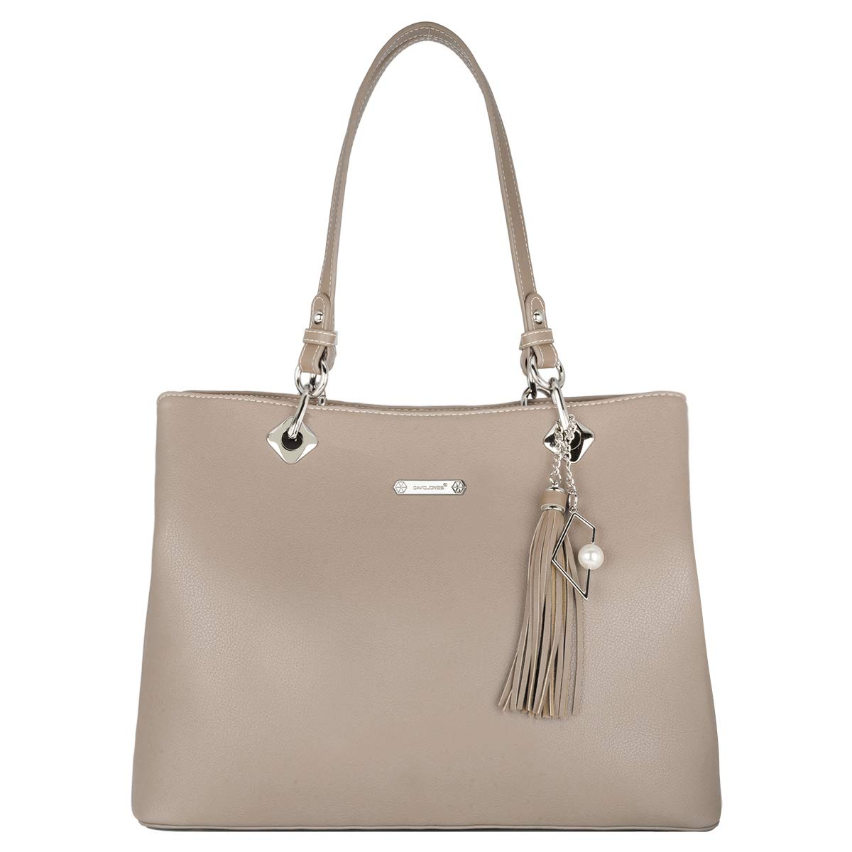 David Jones - Womens Large Tote Shopper Bag - Ladies Shoulder Bag PU Leather - Long Handles Casual Handbag Many Compartments Pockets - Fashion Elegant City Travel Shopping - Beige