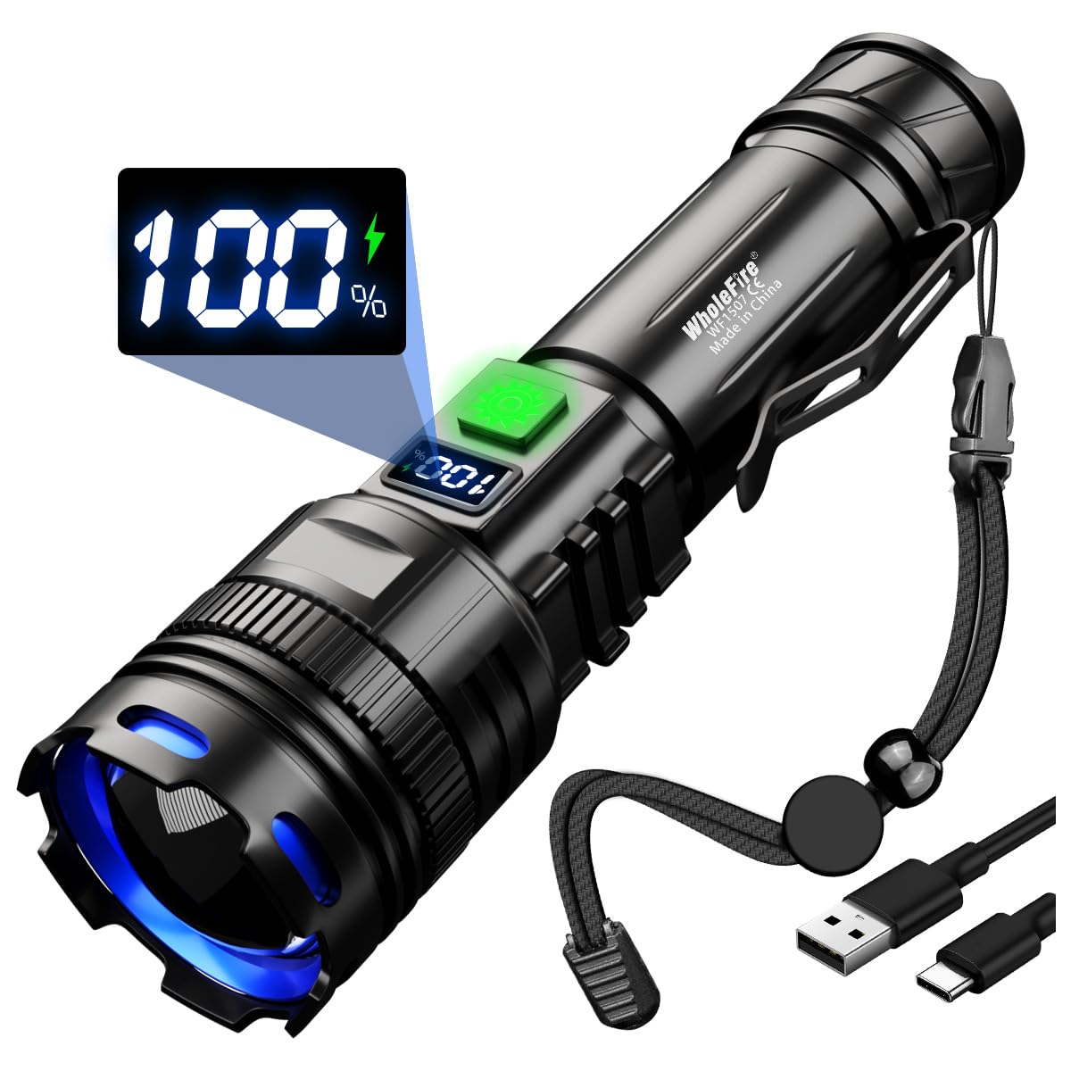 WholeFire Torches LED Super Bright 100000 Lumen Rechargeable, High Power Torch with Power Display, Powerful LED Torch 5 Light Modes, IP65 Waterproof Torch for Camping Emergency