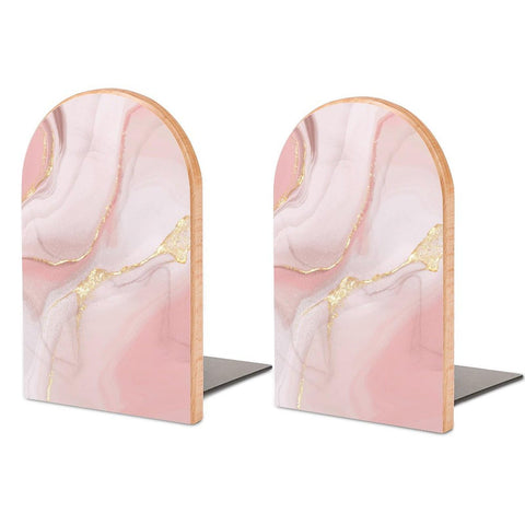 Book Ends Bookends for Shelves to Hold Books Pink Gold Marble Print Small Non-Slip Book Stoppers Wood Decorative Home Office Desk