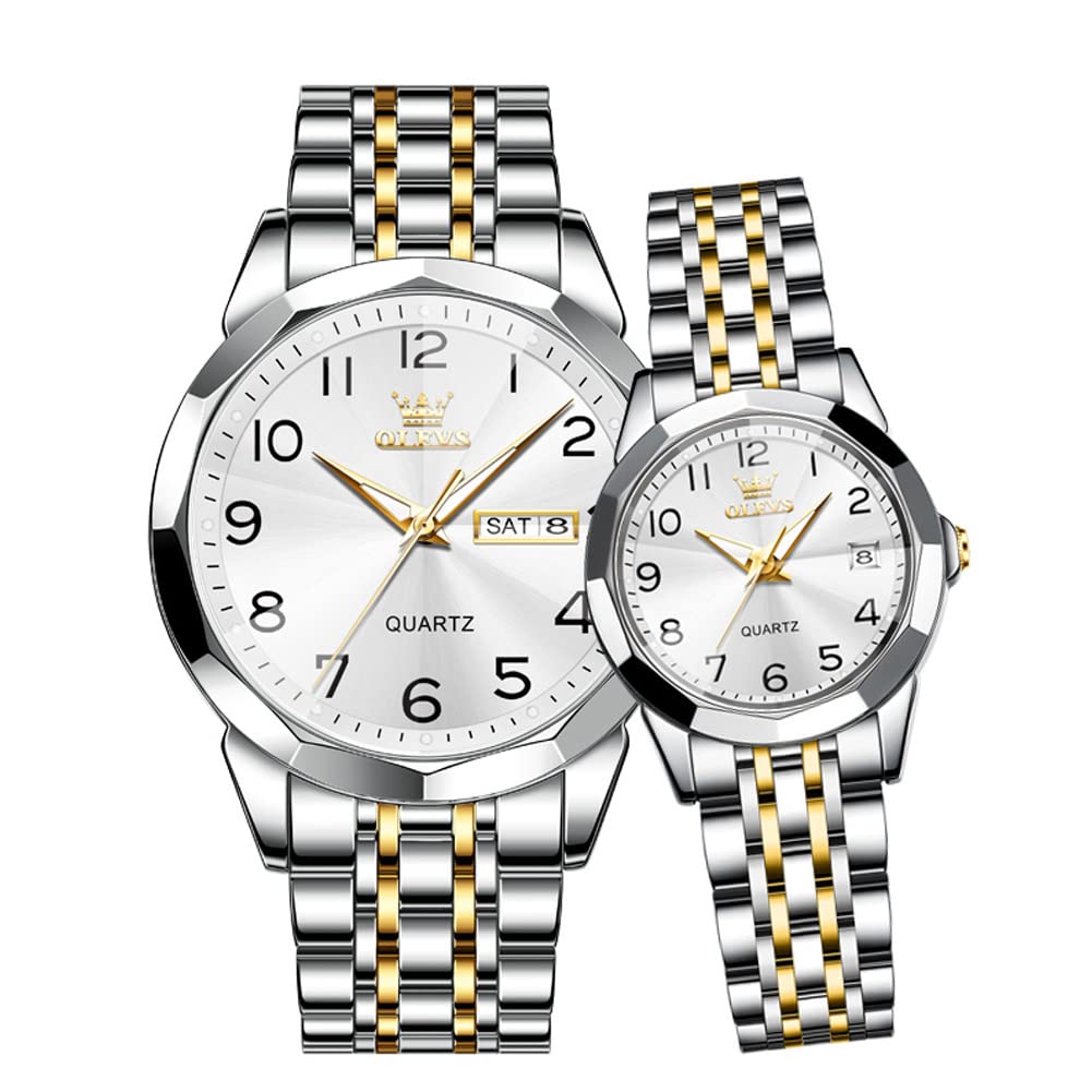 OLEVS His and Her Watches for Couples Set Gift Set Business Dress Luxury Black Couple Watch Men and Women Wristwatch Waterproof Matching Watches Couples Stainless Steel Romantic Date Watches