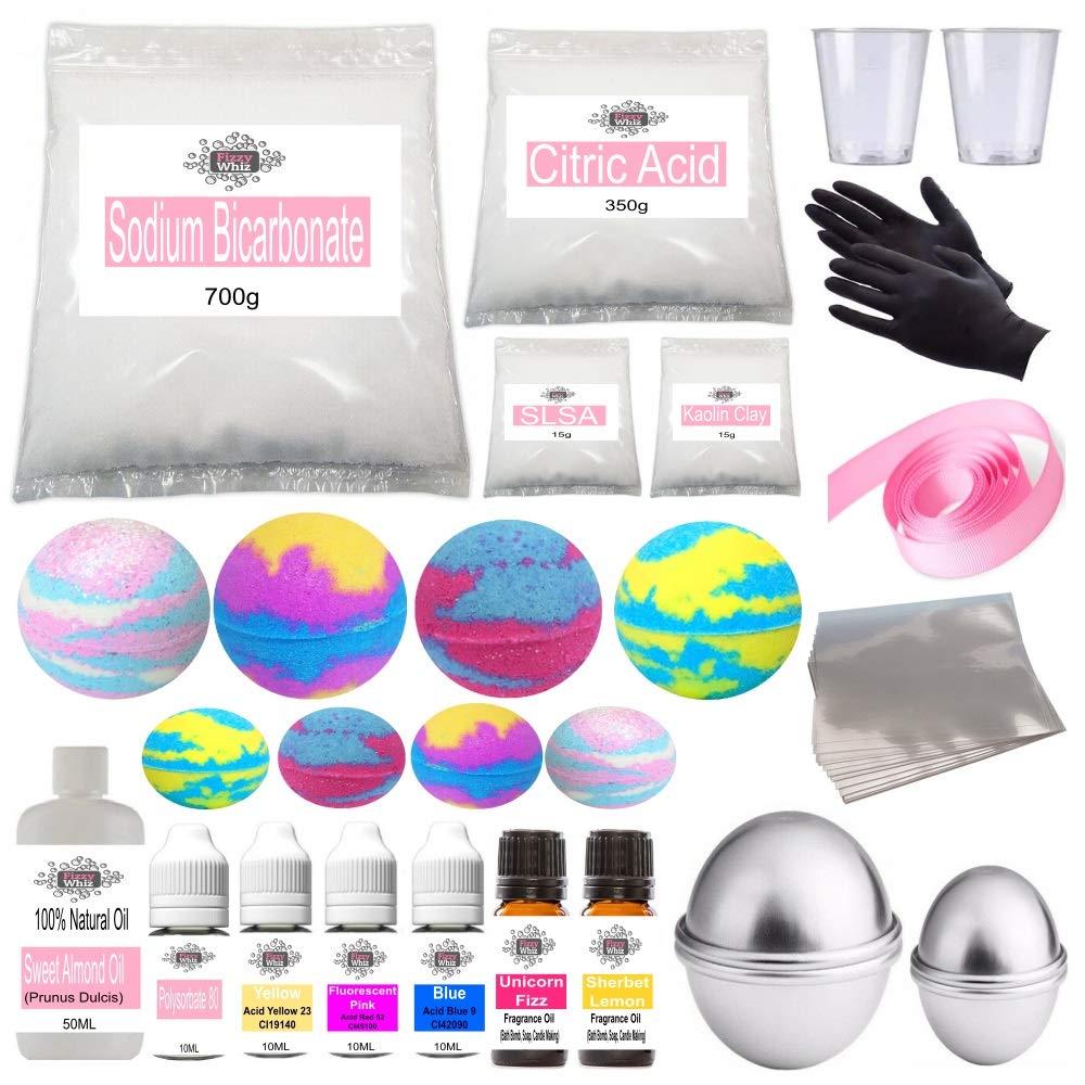 Deluxe Bath Bomb Making Kit - Foaming Colour Moulds Fragrance Unicorn Fizz & Sherbet Lemon (4-8)
