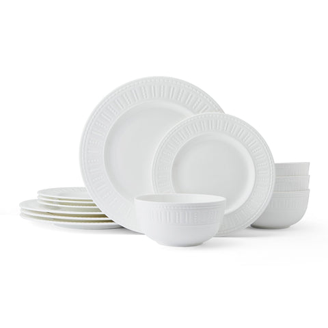 Mikasa Miles Bone China Lightweight Chip Resistant 12 Piece Dinnerware Set, Service for 4, White