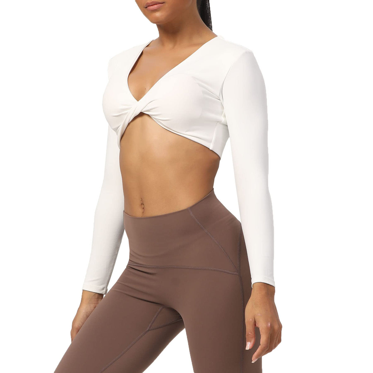 Aoxjox Long Sleeve Crop Tops for Women Sienna Twist Deep V Workout Crop T Shirt Top (White, Small)