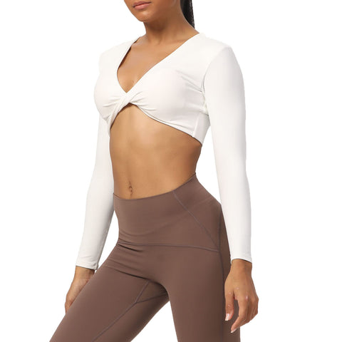 Aoxjox Long Sleeve Crop Tops for Women Sienna Twist Deep V Workout Crop T Shirt Top (White, Small)