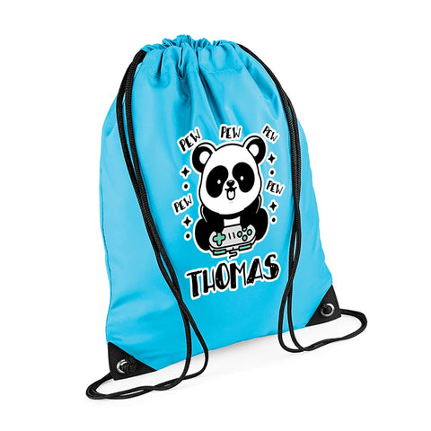 Personalised Gaming Enthusiast Panda Pew ANY NAME Gaming Pro PC Gamer Console Gamer Birthday Drawstring Bag, PE Gym Kit, Swimming Rucksack. (Surf Blue)