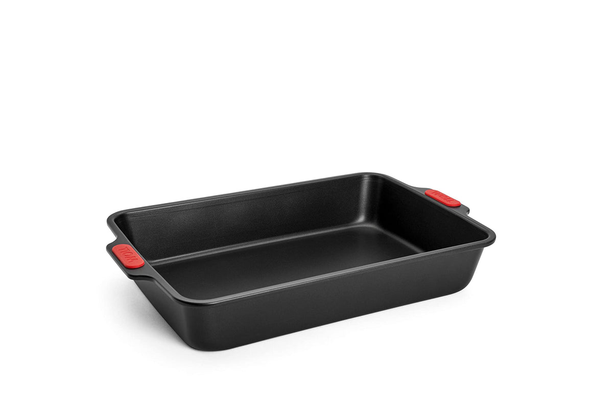 Woll Bakeware Rectangular Baking Tin, 38 x 26 cm, with Heat Resistant Silicone Handles up to 230Â°C, PFAS Free, Dual Layer Non-Stick Coating, Aluminised Steel, Black