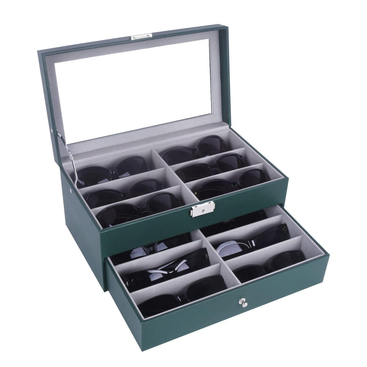 AUTOARK Leather 12 Piece Eyeglasses Storage and Sunglass Glasses Display Drawer Lockable Case Organizer,Green,AW-153