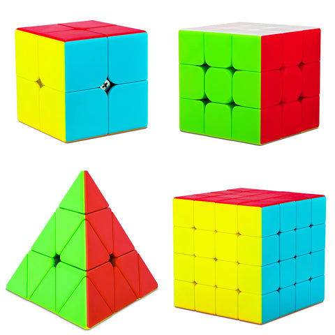 Coolzon Speed Cube Set, 4 Pack Stickerless Magic Cube Set 2x2 3x3 4x4 Pyraminx Triangle, Easy Turning 3D Puzzle Cube Games Toy Present for Kids Adults