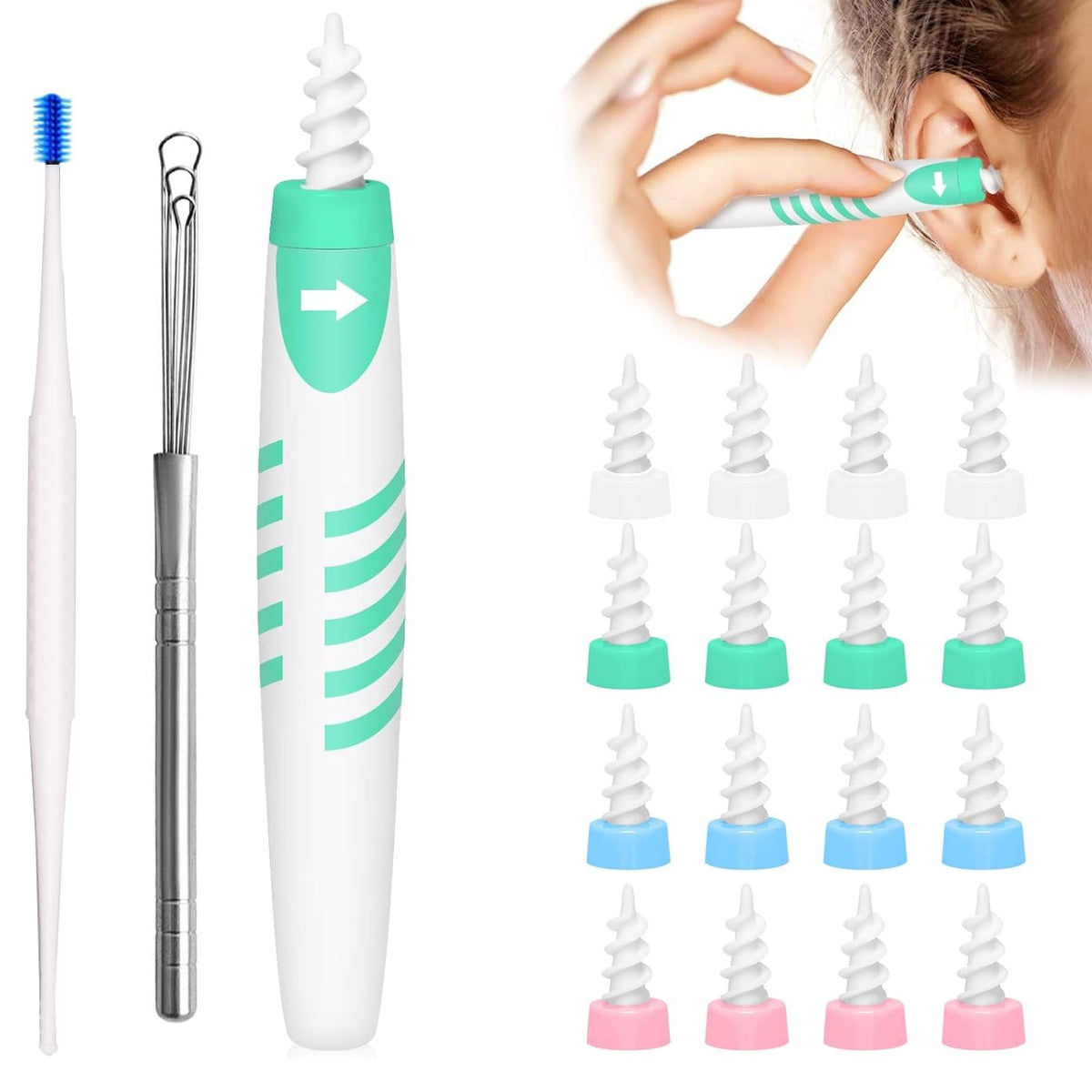 GWAWG Ear Wax Removal Tool Kit,with 16 pcs Soft Silicone Washable Tips, 1PC Stainless Steel Ear Wax Removal,1PC Spiral Ear Cleaner Earwax Removal Brush for Children and Adult