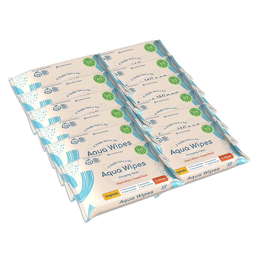 Aqua Wipes Originals (Travel Size) Baby Wipes - Biodegradable Wipes - 99.6% Purified Water Paediatrician Tested - Plastic Free Wipes with Organic Aloe Vera Extract - 12 Packs, 12 Wipes per Pack