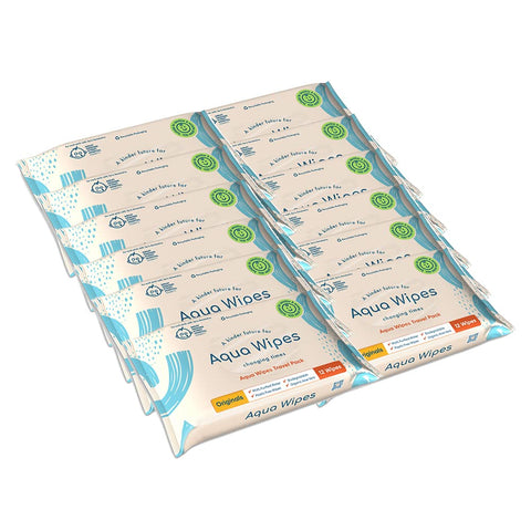Aqua Wipes Originals (Travel Size) Baby Wipes - Biodegradable Wipes - 99.6% Purified Water Paediatrician Tested - Plastic Free Wipes with Organic Aloe Vera Extract - 12 Packs, 12 Wipes per Pack