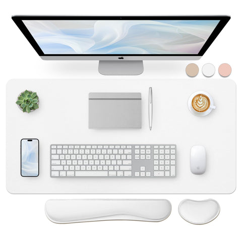Bloss Leather Desk Pad and Keyboard Wrist Rest, Large Mouse Pad + Keyboard Pad+Mouse Wrist Support, Non-Slip Desk Mat Protector for Office, Home(31.5Ã—15.7 Inches,White)