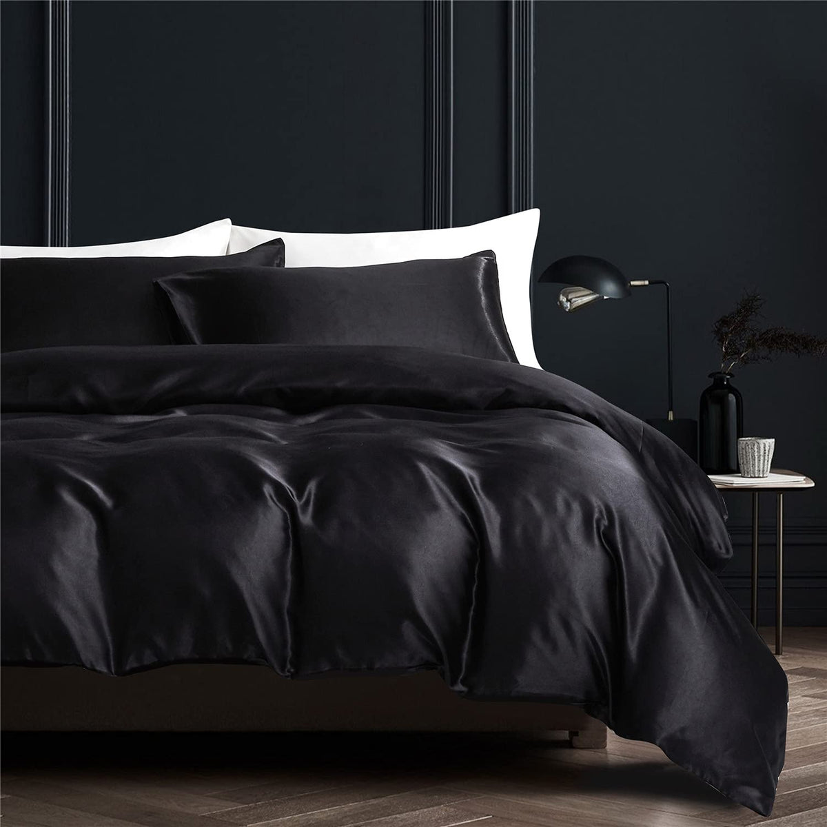 NORCH Black Duvet Cover Set King Satin Silk Bedding Set Luxury Soft Quilt Cover with Pillowcases