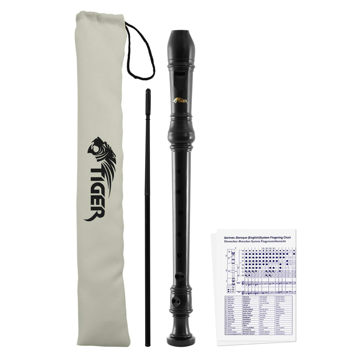 Tiger REC2-BK Descant Recorder - Three Piece School, Beginners Recorder with Bag and Cleaning Rod and Fingering Chart - Black