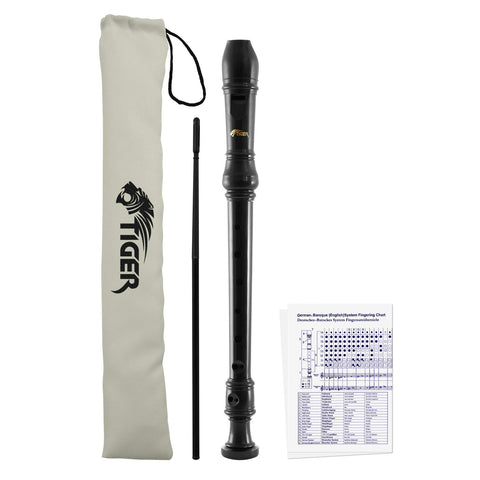 Tiger REC2-BK Descant Recorder - Three Piece School, Beginners Recorder with Bag and Cleaning Rod and Fingering Chart - Black