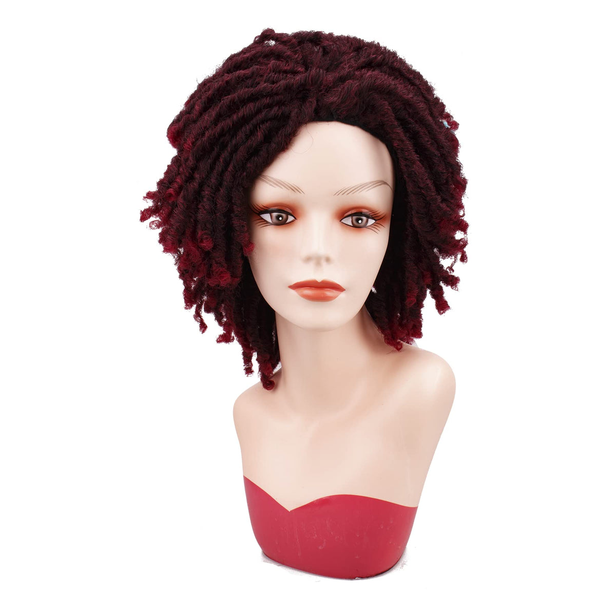 hahoness Short Faux Locs Wigs with Small Culy Ends for Black Women and Men,7 Inches Ombre Burgundy Afro Synthetic Wig,Culy Dreadlock Wigs with Breathable Lace Inner Mesh(T1B/BUG)
