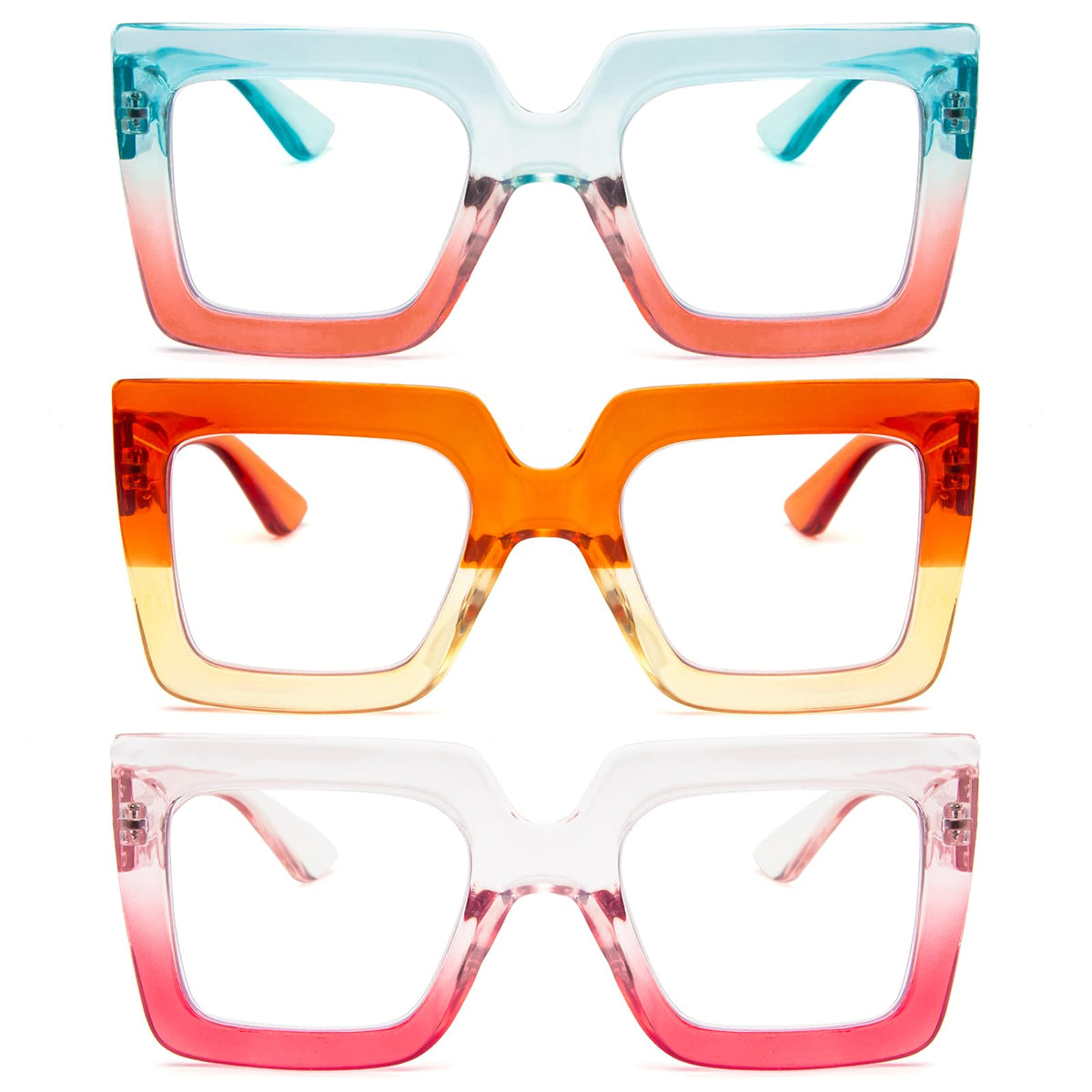REAVEE 3 Pack Oversized Reading Glasses for Women Large Frame Extra Wide, Blue Light Blocking Readers Stylish Square Thick Eyewear, Green Orange+Orange Yellow+Pink Red, 1.0