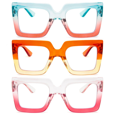 REAVEE 3 Pack Oversized Reading Glasses for Women Large Frame Extra Wide, Blue Light Blocking Readers Stylish Square Thick Eyewear, Green Orange+Orange Yellow+Pink Red, 1.0