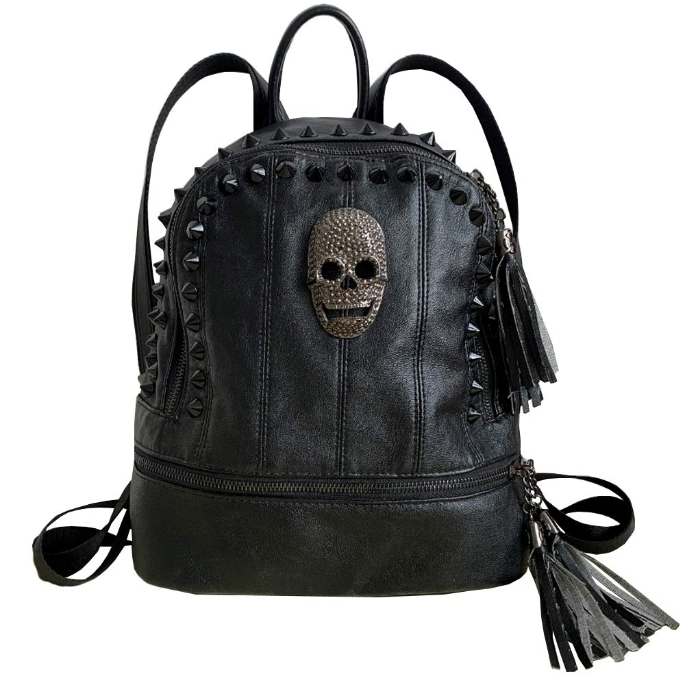 AlwaySky Women Skull Backpack Rivet Studded Fashion Daypack Gothic Purse Tassel Zipper (Black Round)