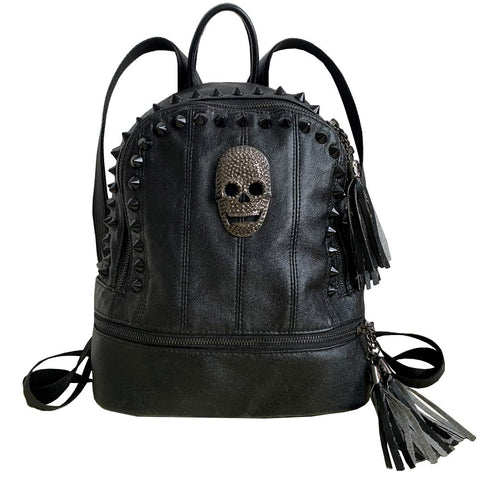 AlwaySky Women Skull Backpack Rivet Studded Fashion Daypack Gothic Purse Tassel Zipper (Black Round)