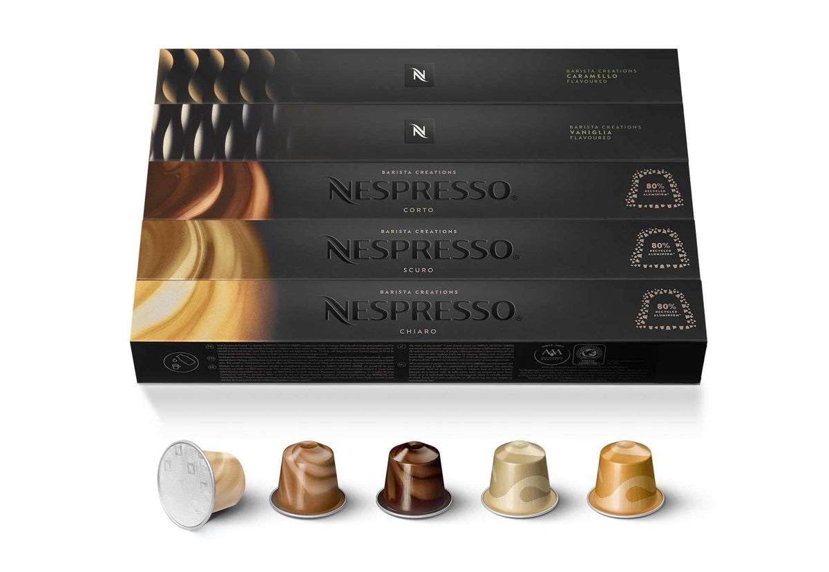 Nespresso Original Barista Creations Assortment of 50 Capsules - 10x Chiaro, 10x Scuro, 10x Corto, 10x Lightning Vanilla and 10x Caramel Crème Brulée