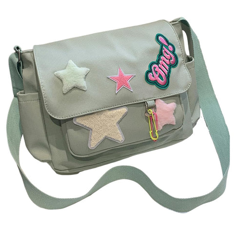 Cute Kawaii Messenger Bag for Women, Star Canvas Crossbody Bag Y2K Emo Purse, Sage Green