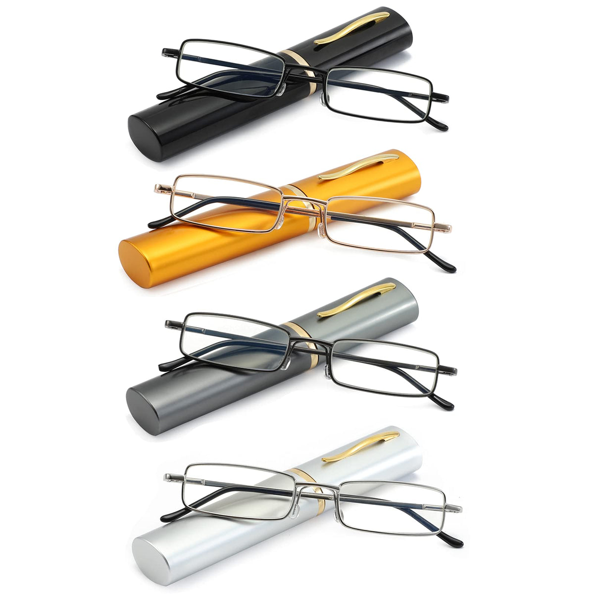 OWTXIS 4 Pack Slim Pen Reading Glasses for Men Women, Blue Light Blocking Small Tube Reader Glasses with Portable Clip Case, +1.75