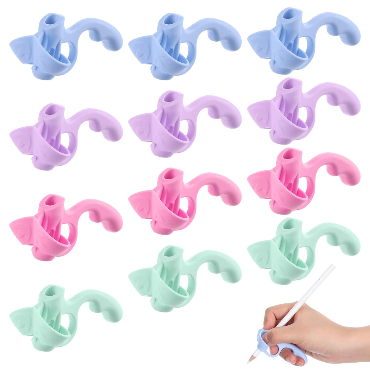 AOZUO 12PCS Pencil Hand Grips for Kids Handwriting, Pencil Holder Finger Posture Correction Pencil Gripper Pen Rubber Loop Training Aid Learning Tool for Writing Beginner Office School