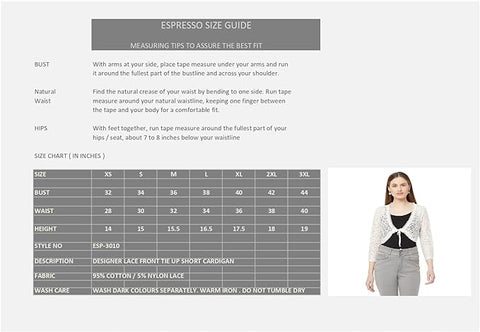 ESPRESSO Women Designer Lace Front Tie Up Short Shrug/Cardigan (Regular and Plus Size), Off-White, M