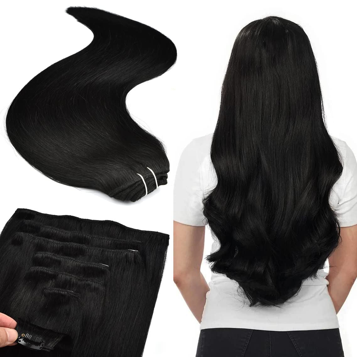 Senmy Thick Clip in Hair Extensions Human Hair 14inch 120g 7Pcs Jet Black Invisible Seamless Clip in Hair Extensions Black Women 14inch Seamless Human Hair Extensions Clip Ins (14 Inch, #1 Jet Black)