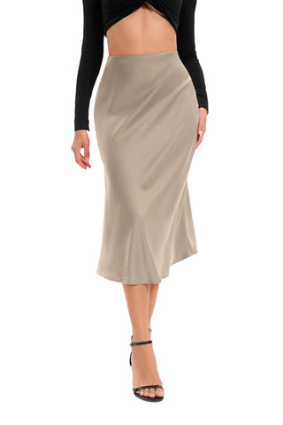Oyamiki Ladies Satin Skirts Elasticated Waist Long Maxi Summer Skirts Midi a Line Skirt, M