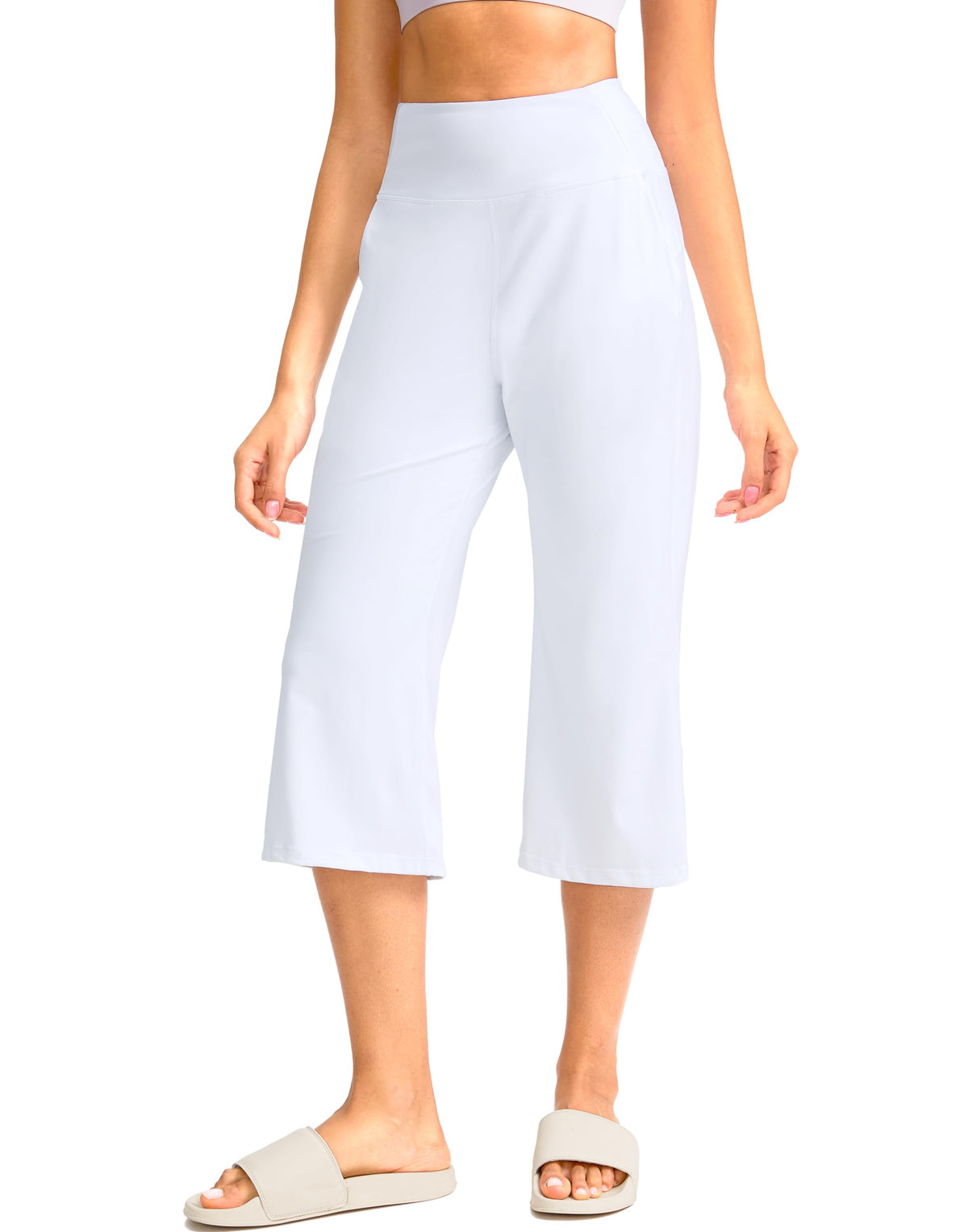 Soothfeel Capri Pants for Women High Waist Wide Leg Yoga Pants with Pockets Pull On Cropped Pants for Women Casual Athletic White