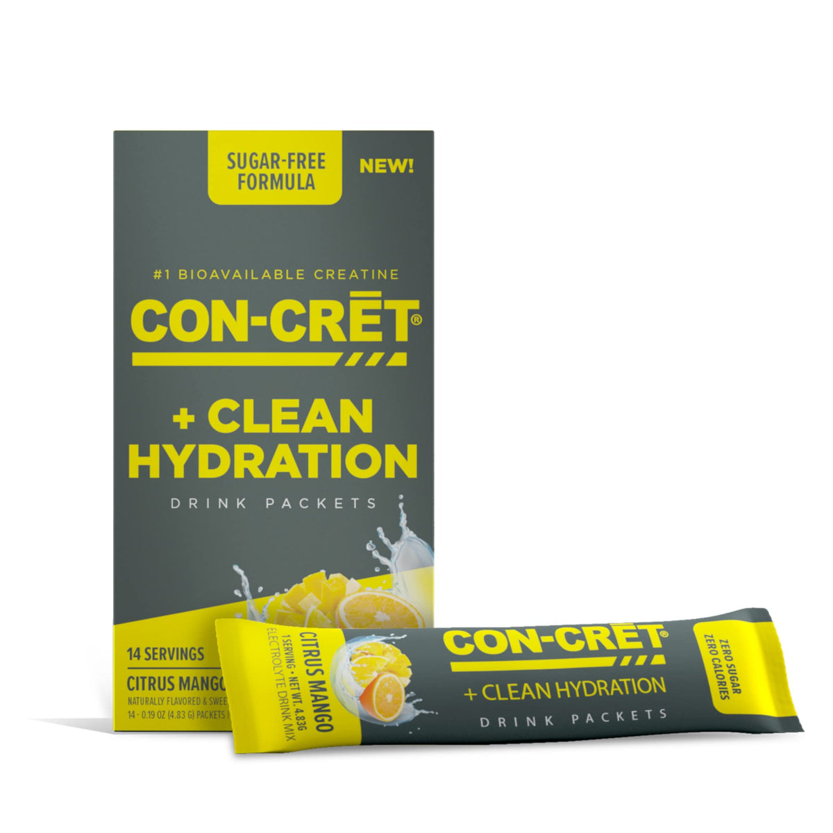 CON-CRET Creatine HCl + Hydration | Electrolyte Powder Packets | Citrus Mango | Sugar Free Electrolytes | Rehydration Formula w Potassium, Sodium, Zinc, Magnesium to Hydrate & Recover (14 Count)