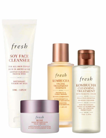 Fresh Rose Deep Hydration Face Cream, Soy Face Cleanser, and Black Tea Kombucha Set