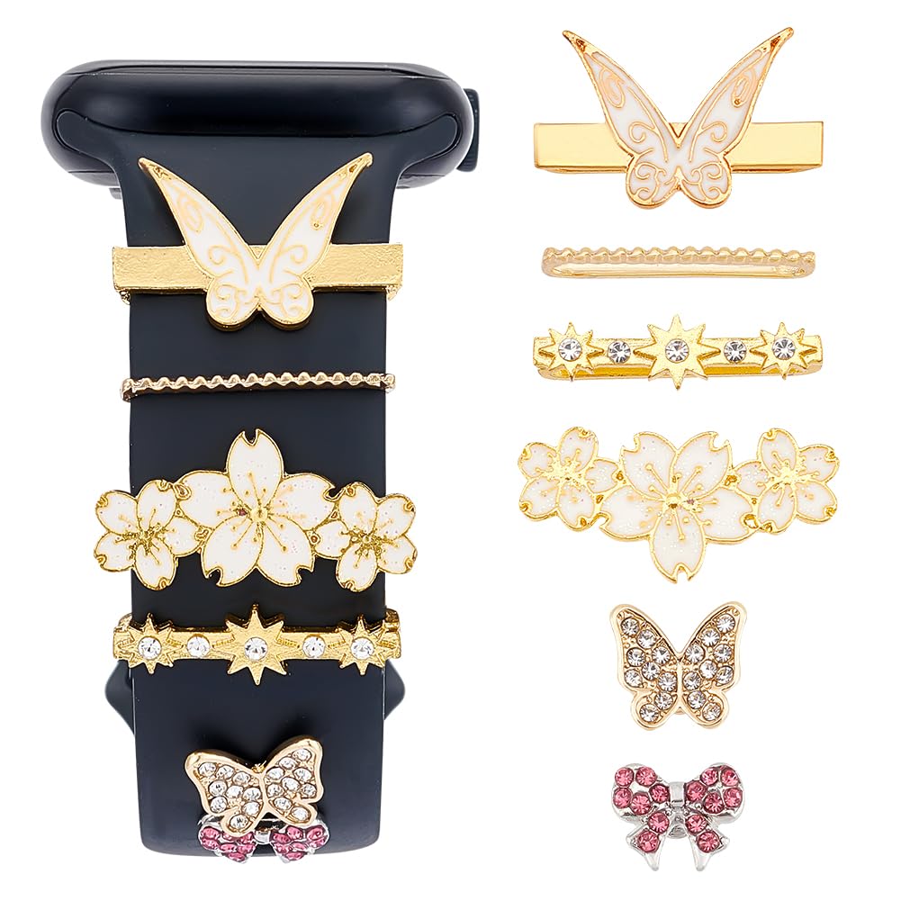 UNICRAFTALE about 6Pcs 6 Style Flower Watch Band Charms Zinc Alloy with Rhinestone Watch Loops Accesssories Butterfly Watch Band Studs Metal Decorative Ring Charms Watch Strap Accessories