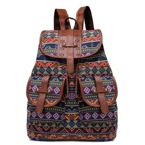 Zeollashop Hippie Canvas Women Backpack Purse- Boho Style Ethnic Drawstring Causal Double Shoulder Vintage Travel Daypack (Landscape), Large