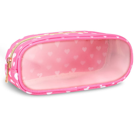 Nylon Small Clear Makeup Bag Slim Pouch, Cute Makeup Brush Case Makeup Bag Preppy Cosmetic Zipper Pouch for Purse,Travel PVC Toiletry Bag Clutch Coin Pouch Makeup Organizer for Women Girl(Pink Heart)