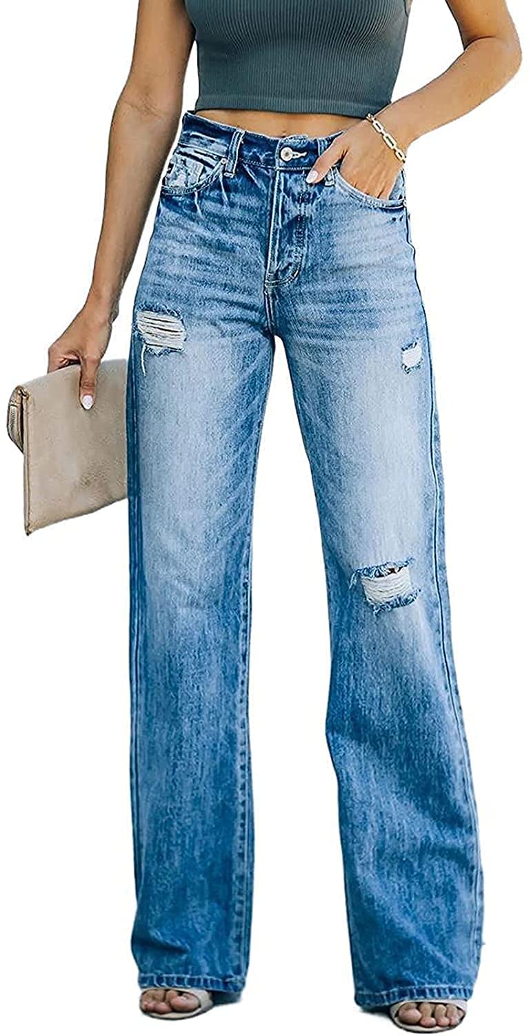 HDLTE Women Wide Leg Jeans High Waist Baggy Jeans for Women Loose Boyfriends Jeans Denim Pants Y2K 90s, C-blue, S