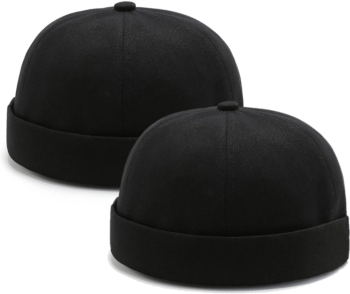 2 Pcs Mens Black Brimless Docker Cap Skull Cap Worker Sailor Cap Rolled Cuff Retro Beanie